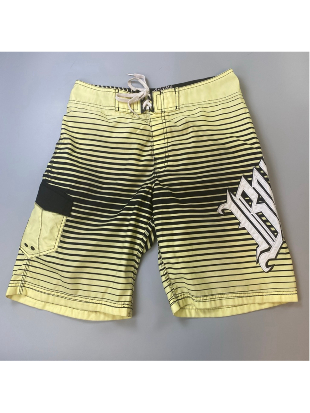 Billabong Brian Grubb Y2K Board Shorts 34 Yellow Black Stripe Spellout Vintage